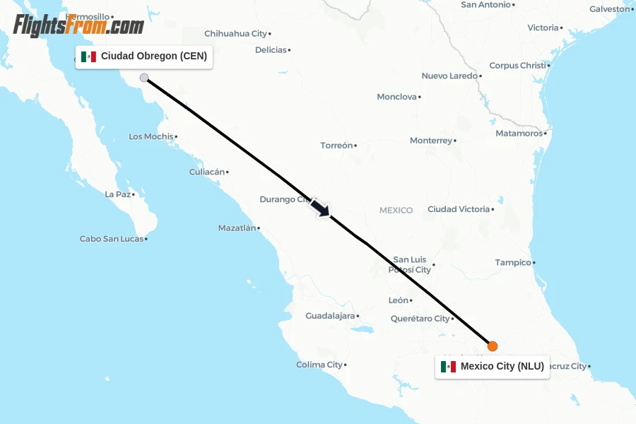 Flights from Ciudad Obregon to Mexico City route map