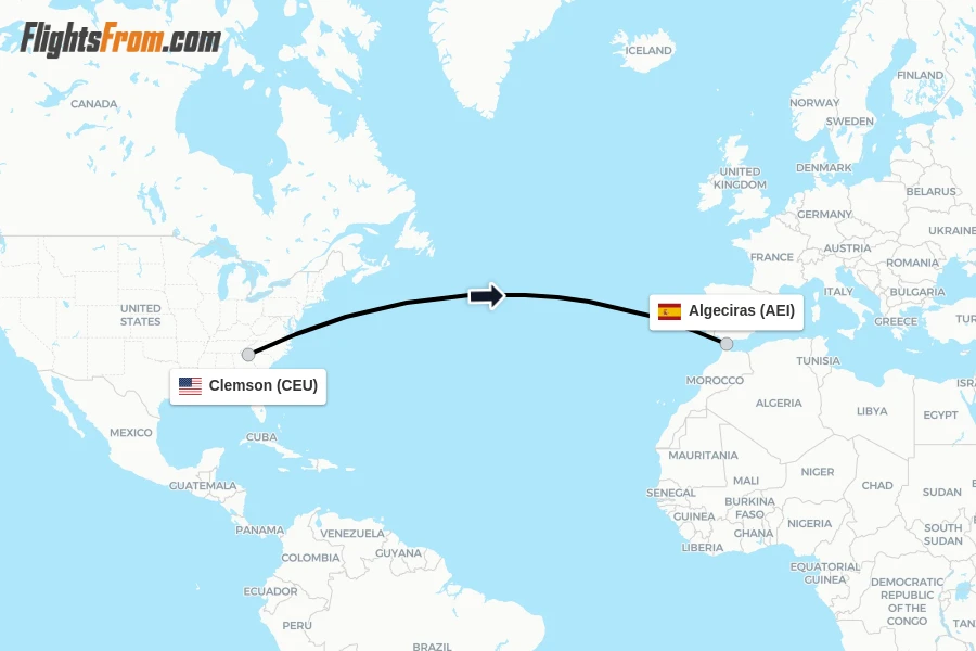Flights from Clemson to Algeciras route map
