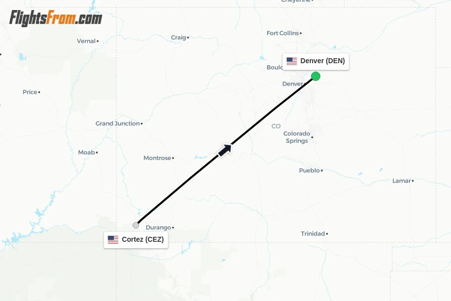 Flights from Cortez to Denver route map