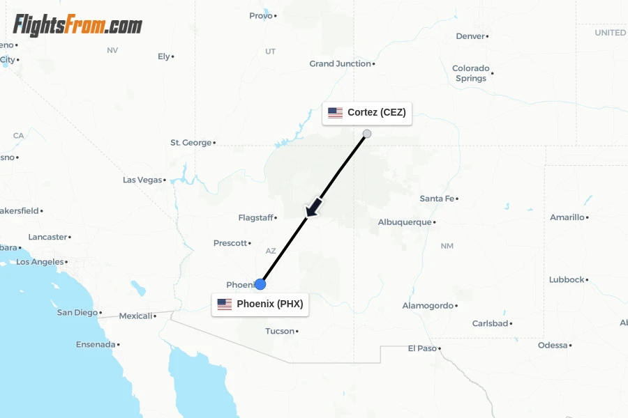 Flights from Cortez to Phoenix route map