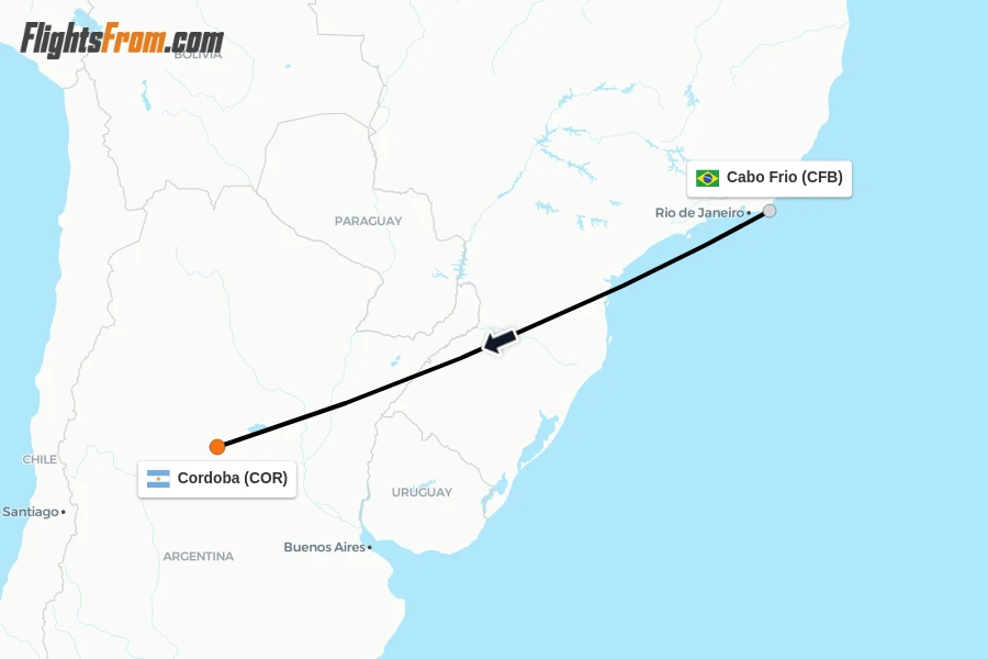 Flights from Cabo Frio to Cordoba route map