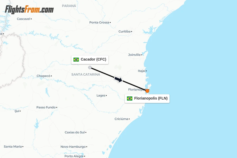 Flights from Cacador to Florianopolis route map