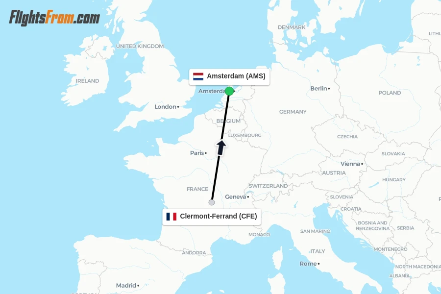 Flights from Clermont-Ferrand to Amsterdam route map