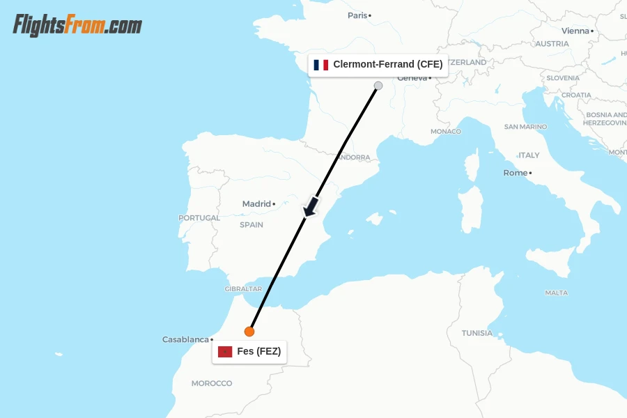 Flights from Clermont-Ferrand to Fes route map