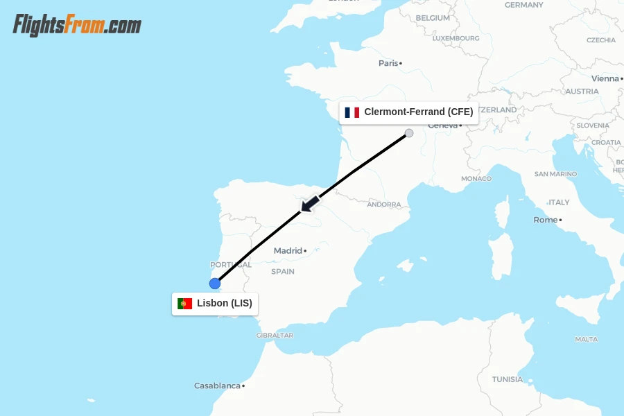 Flights from Clermont-Ferrand to Lisbon route map