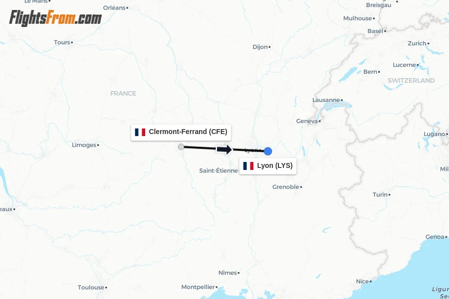Flights from Clermont-Ferrand to Lyon route map