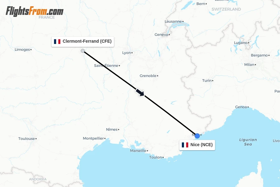 Flights from Clermont-Ferrand to Nice route map