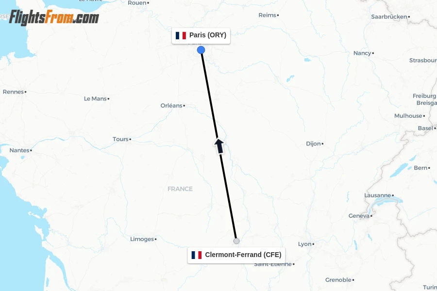 Flights from Clermont-Ferrand to Paris route map