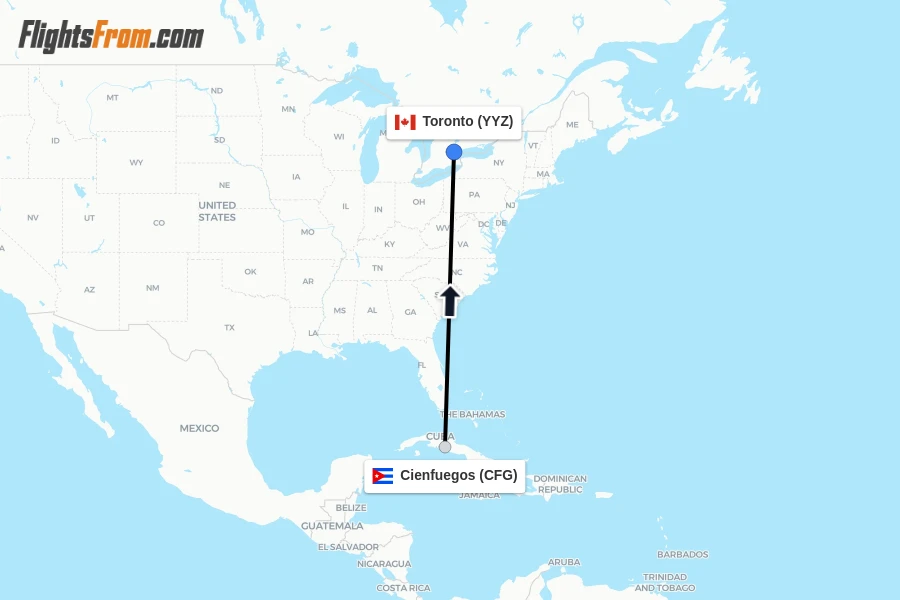 Flights from Cienfuegos to Toronto route map