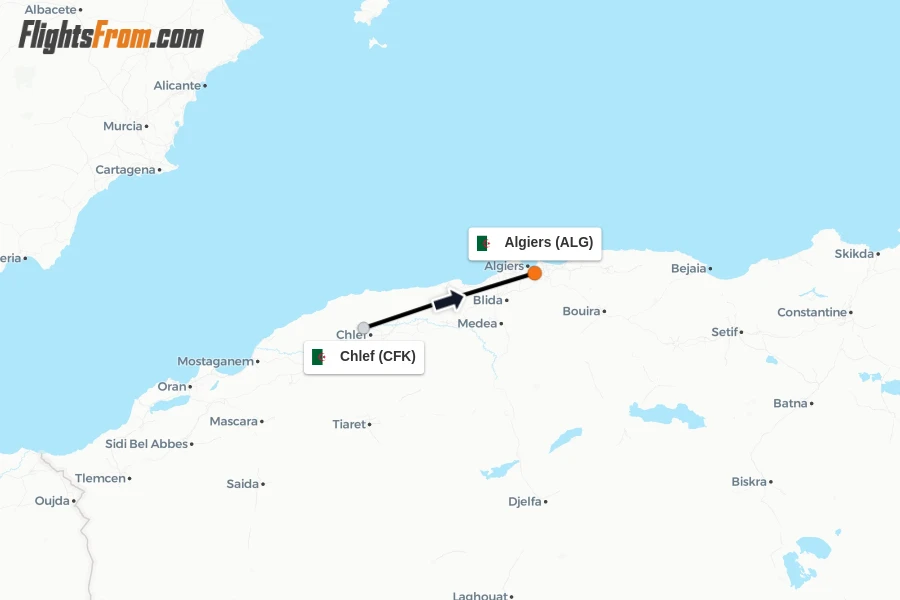 Flights from Chlef to Algiers route map