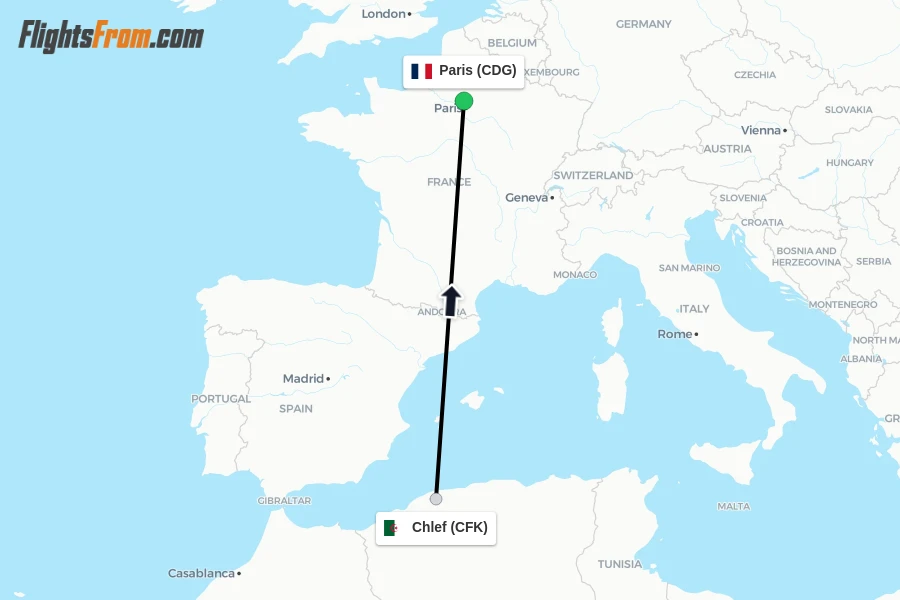 Flights from Chlef to Paris route map
