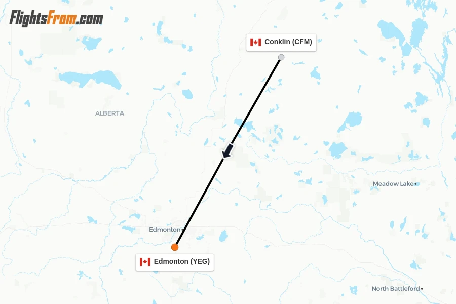 Flights from Conklin to Edmonton route map