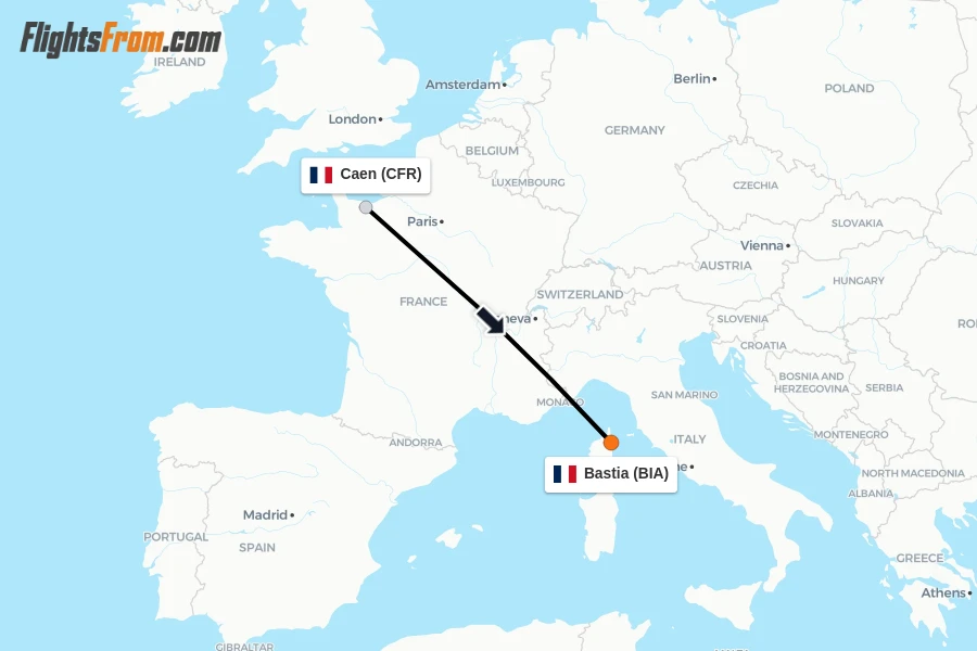 Flights from Caen to Bastia route map