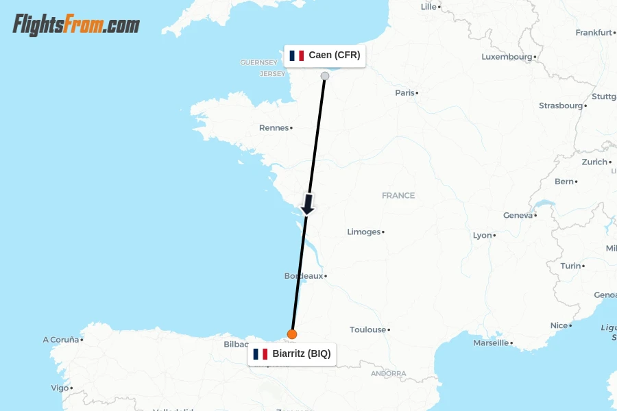 Flights from Caen to Biarritz route map