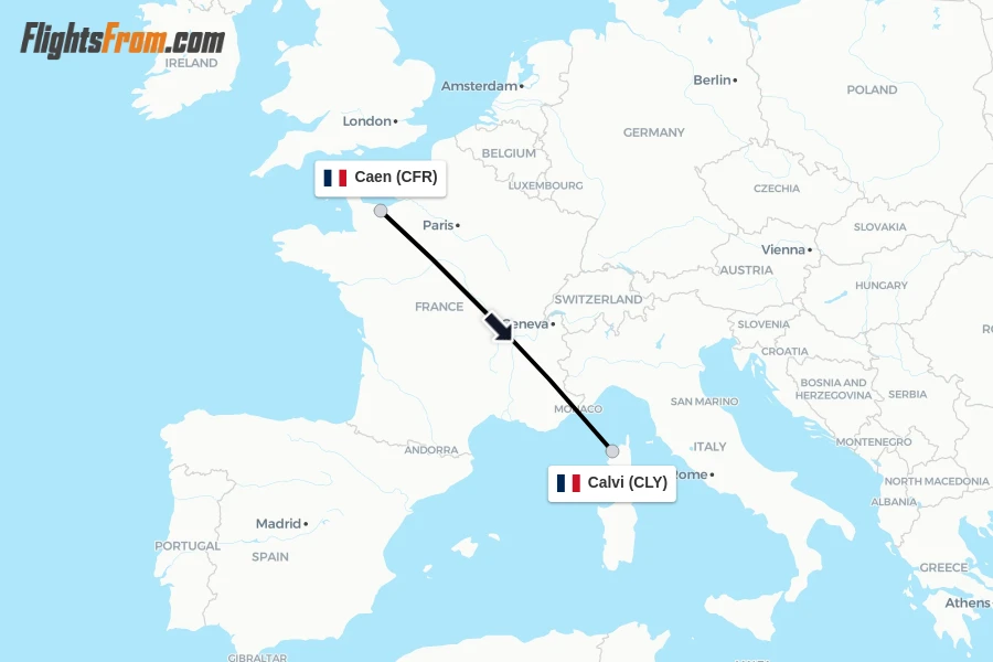 Flights from Caen to Calvi route map