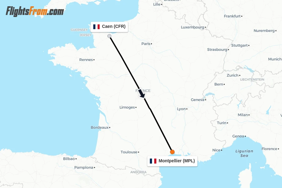 Flights from Caen to Montpellier route map