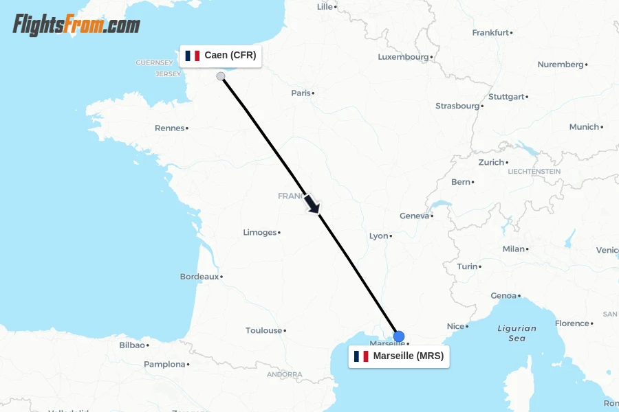 Flights from Caen to Marseille route map