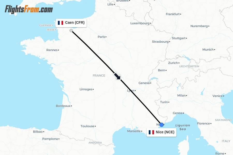 Flights from Caen to Nice route map