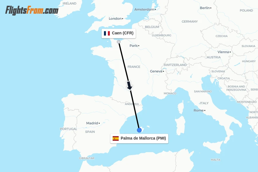 Flights from Caen to Palma de Mallorca route map