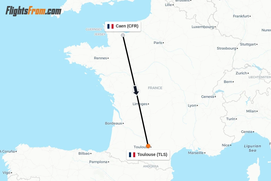 Flights from Caen to Toulouse route map