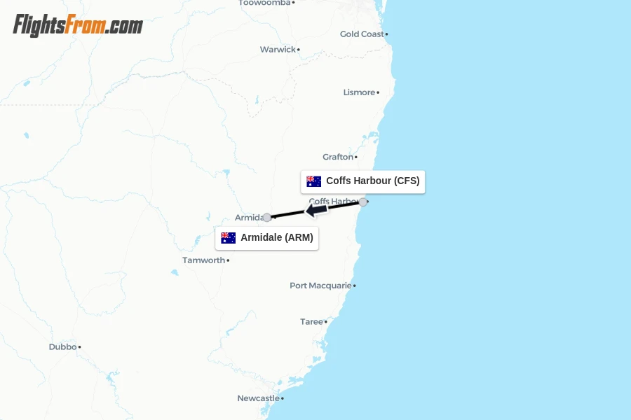 Flights from Coffs Harbour to Armidale route map