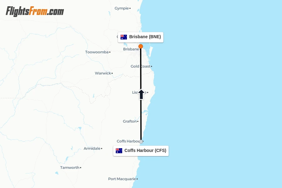 Flights from Coffs Harbour to Brisbane route map