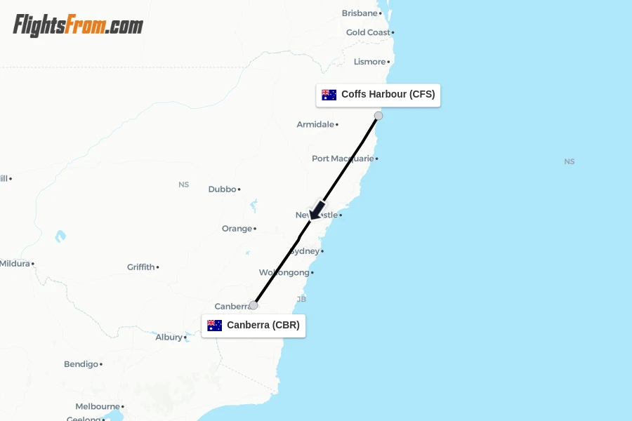 Flights from Coffs Harbour to Canberra route map