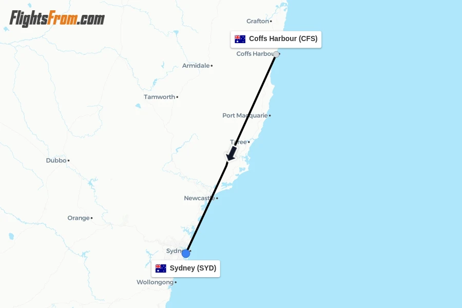Flights from Coffs Harbour to Sydney route map