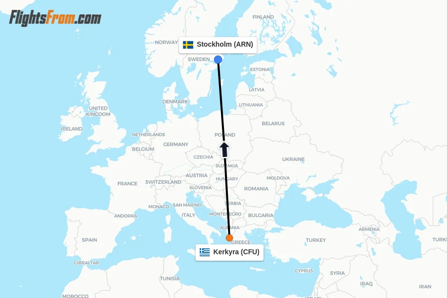 Flights from Kerkyra to Stockholm route map