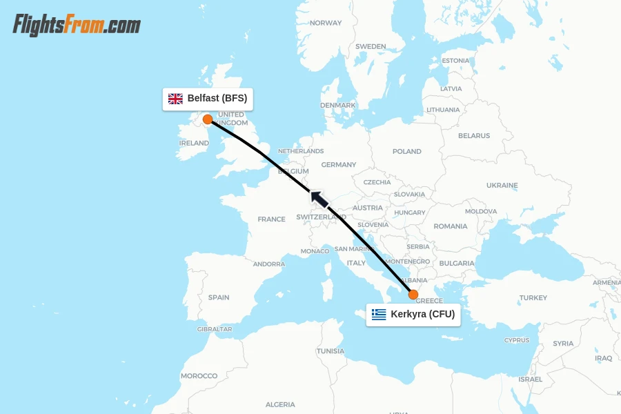Flights from Kerkyra to Belfast route map