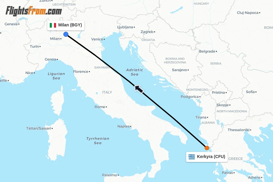 Flights from Kerkyra to Milan route map