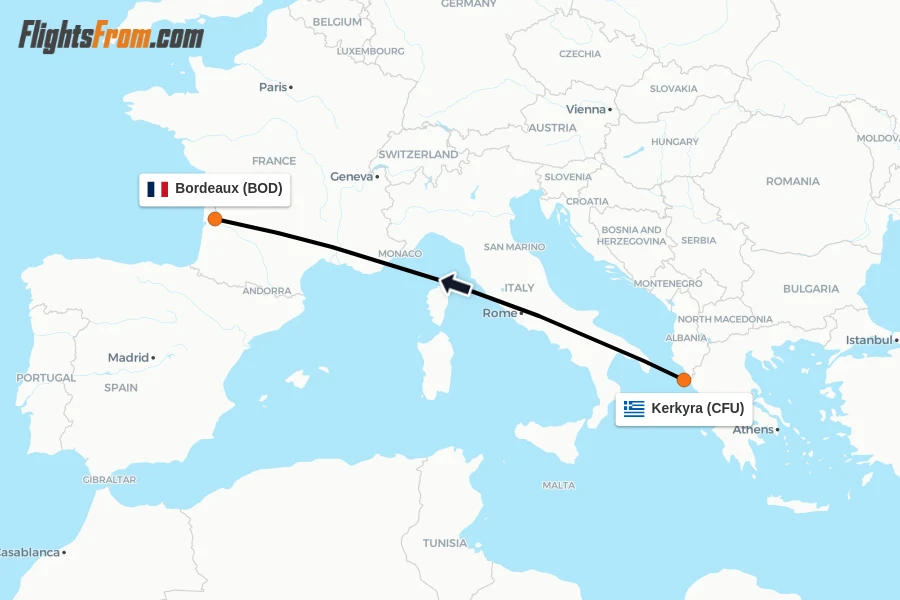 Flights from Kerkyra to Bordeaux route map