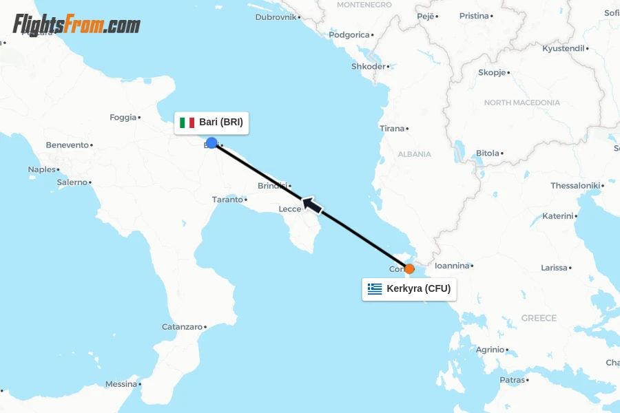 Flights from Kerkyra to Bari route map