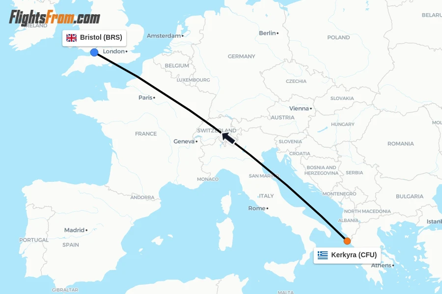 Flights from Kerkyra to Bristol route map