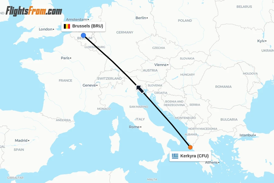 Flights from Kerkyra to Brussels route map