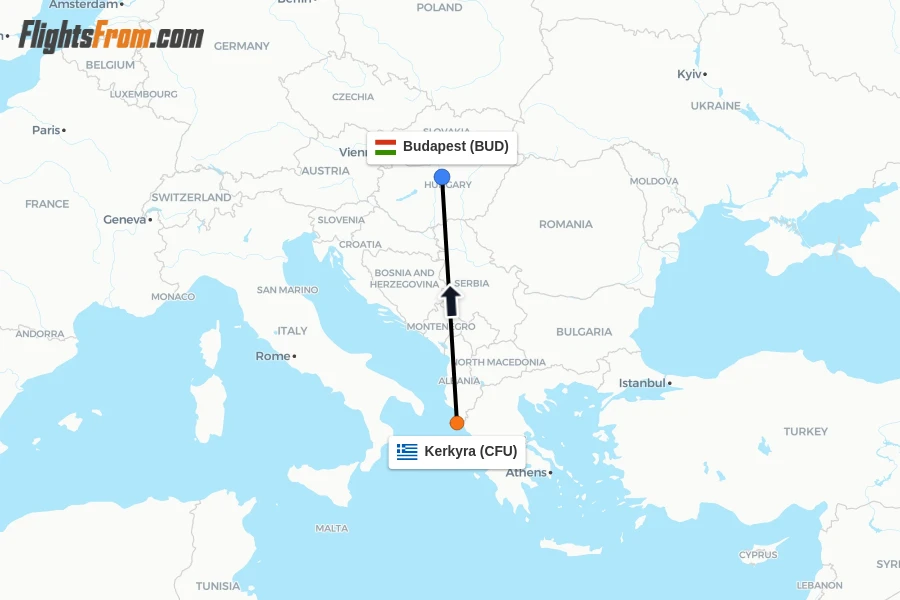 Flights from Kerkyra to Budapest route map