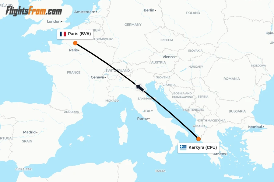 Flights from Kerkyra to Paris route map