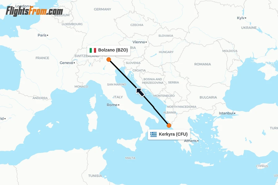 Flights from Kerkyra to Bolzano route map