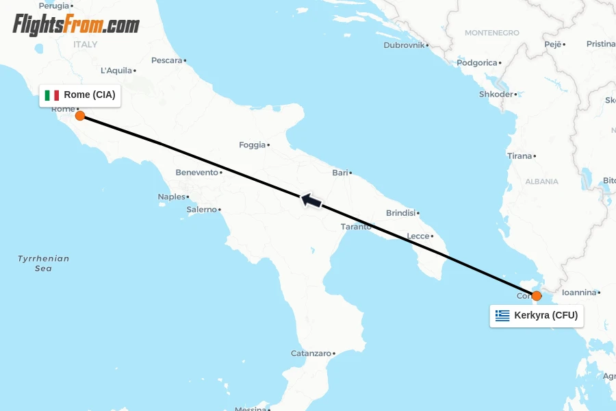 Flights from Kerkyra to Rome route map
