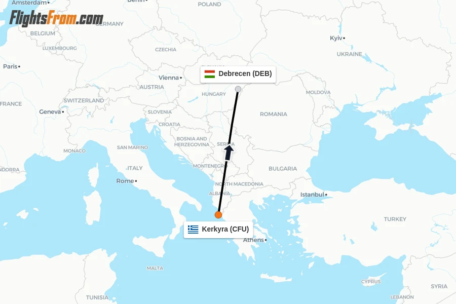 Flights from Kerkyra to Debrecen route map