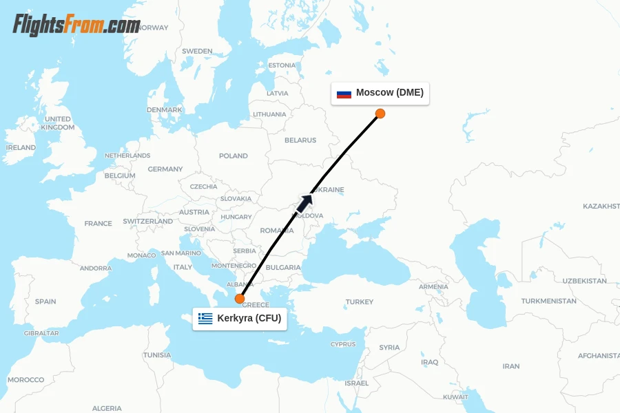 Flights from Kerkyra to Moscow route map