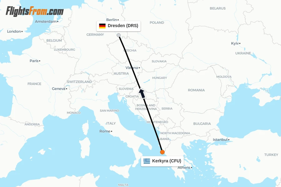 Flights from Kerkyra to Dresden route map