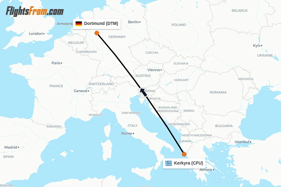 Flights from Kerkyra to Dortmund route map