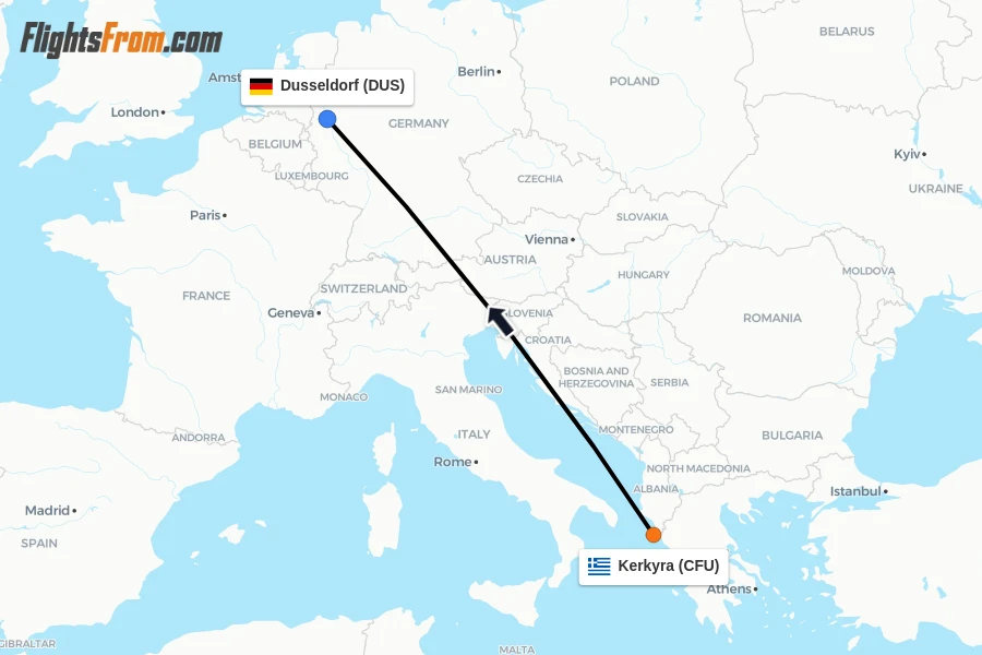 Flights from Kerkyra to Dusseldorf route map