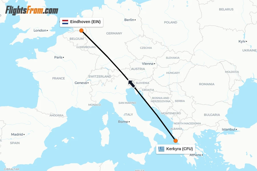 Flights from Kerkyra to Eindhoven route map