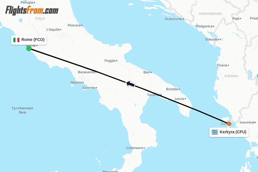Flights from Kerkyra to Rome route map