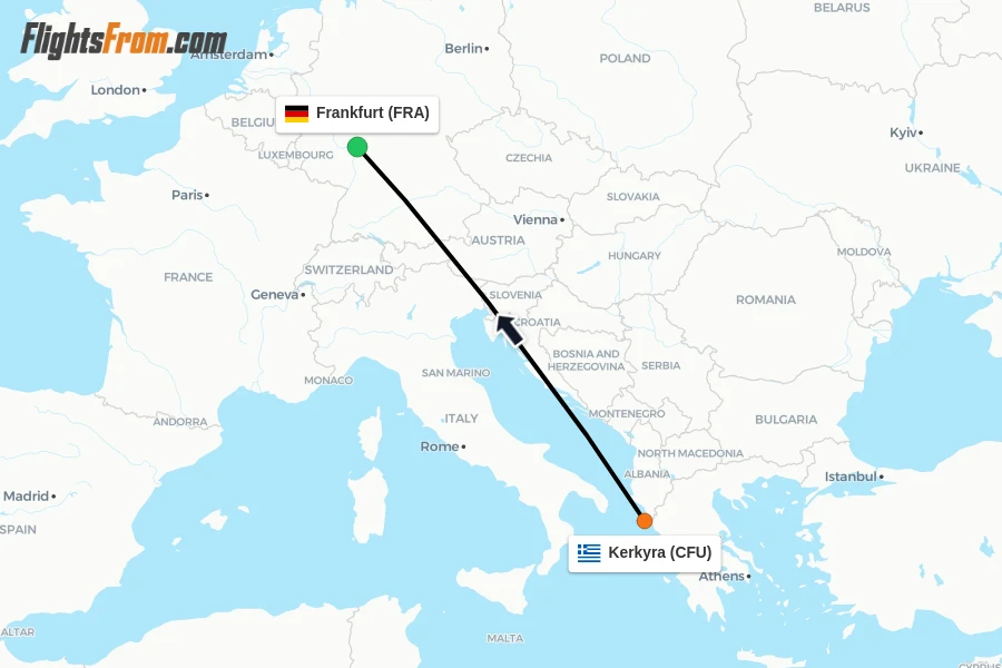 Flights from Kerkyra to Frankfurt route map
