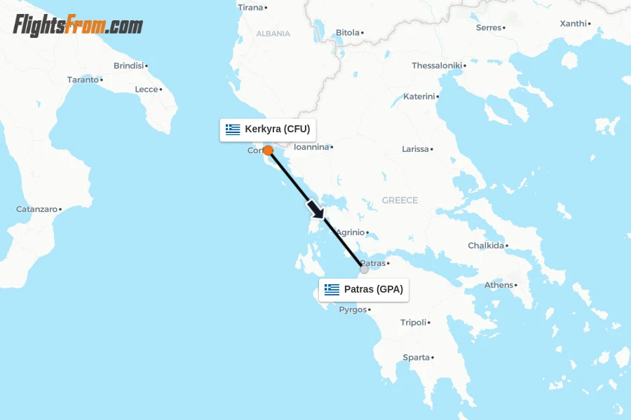 Flights from Kerkyra to Patras route map