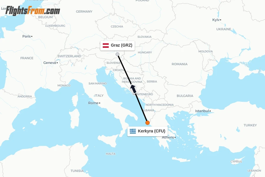Flights from Kerkyra to Graz route map