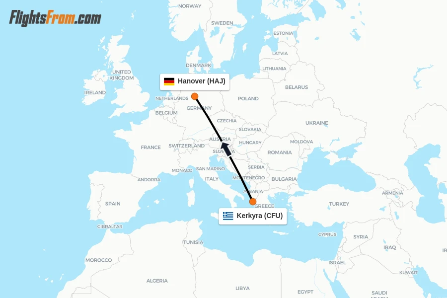 Flights from Kerkyra to Hanover route map